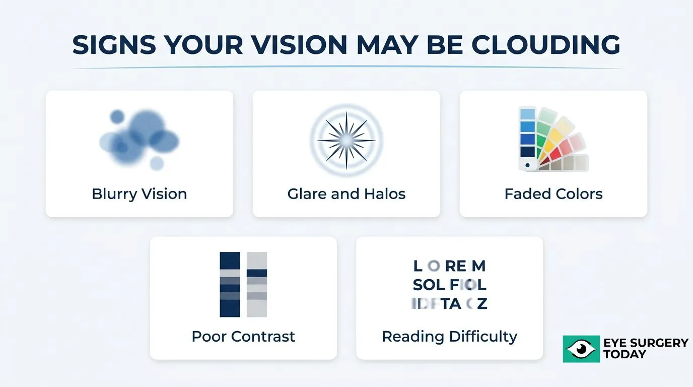 Signs of posterior capsule opacification after cataract surgery, including blurry vision, glare and halos, faded colors, poor contrast, and reading difficulty.