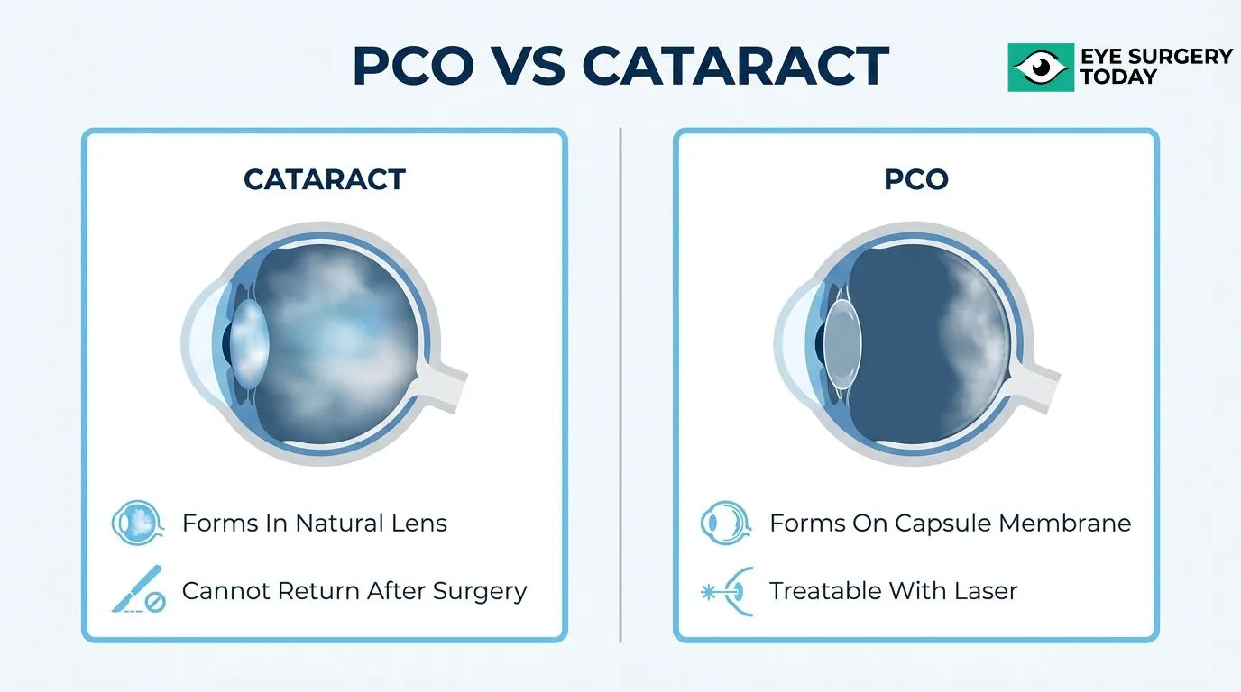 Comparison of cataracts and posterior capsule opacification, showing cataracts in the natural lens and PCO forming on the capsule membrane after surgery.