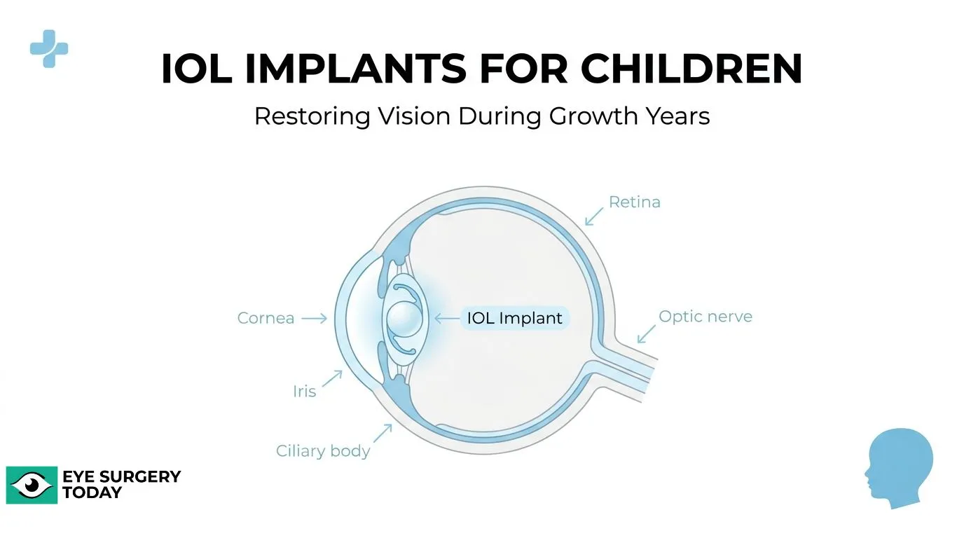 Diagram of an intraocular lens implant in a child’s eye showing the cornea, iris, ciliary body, retina, and optic nerve.