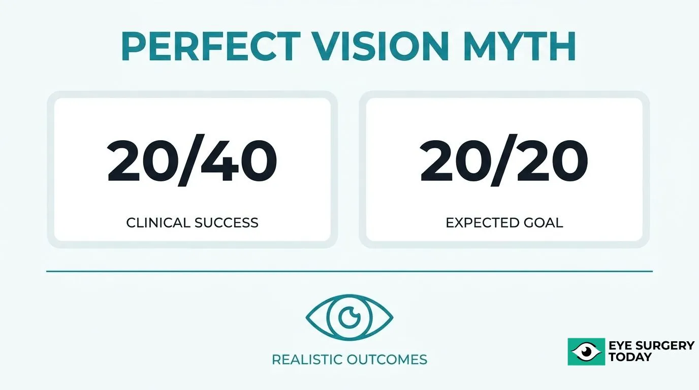 Perfect vision myth after cataract surgery comparing 20/40 clinical success with a 20/20 vision goal to show realistic visual outcomes