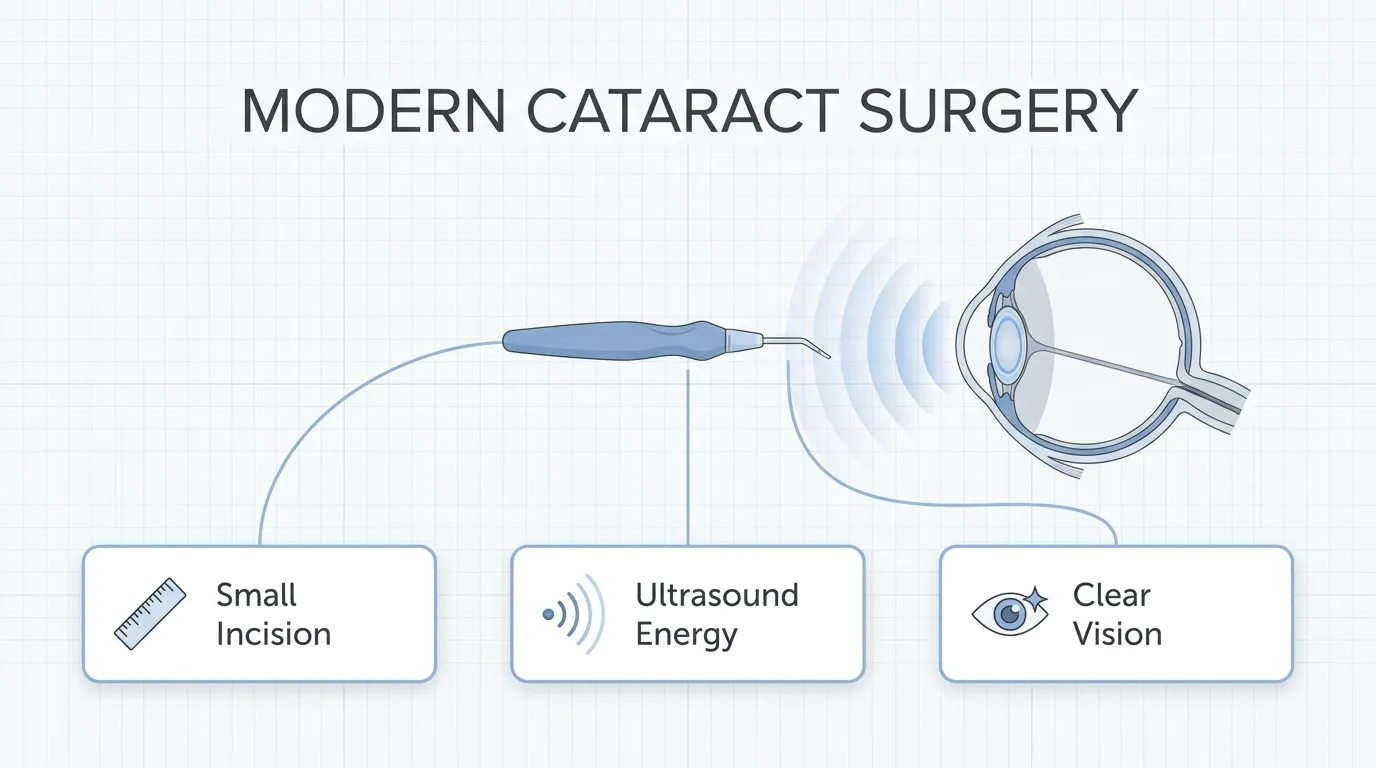 Modern phacoemulsification cataract surgery using a small incision and ultrasound energy to remove the cloudy lens and restore clear vision.