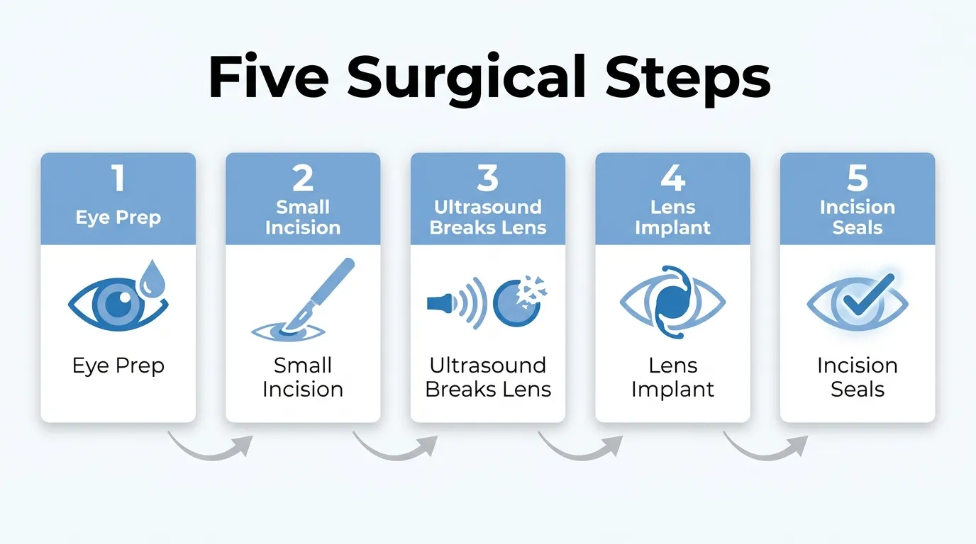 Five steps of phacoemulsification cataract surgery: eye preparation, small incision, ultrasound lens fragmentation, lens implant placement, and incision sealing.
