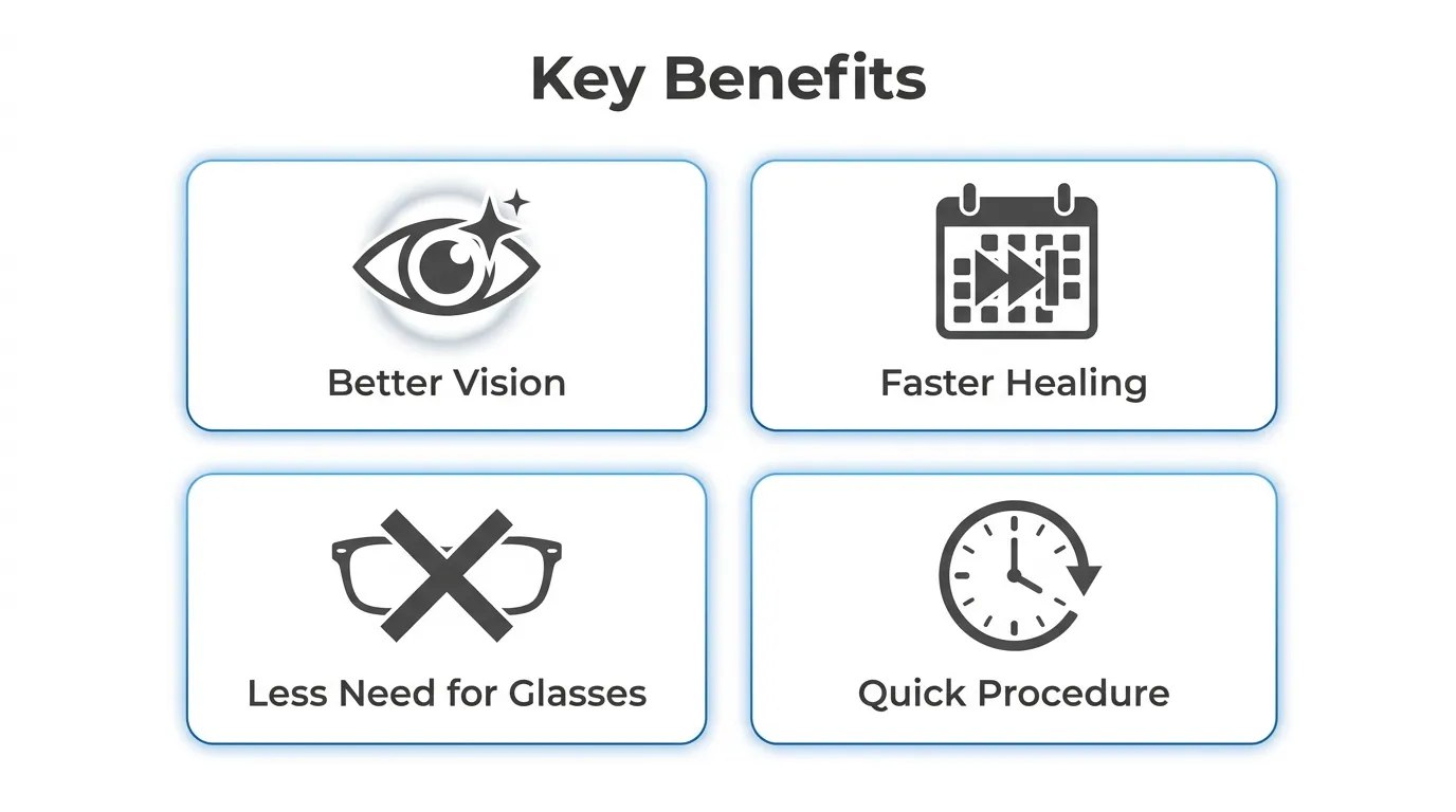 Key benefits of phacoemulsification cataract surgery, including better vision, faster healing, reduced need for glasses, and a quick procedure.