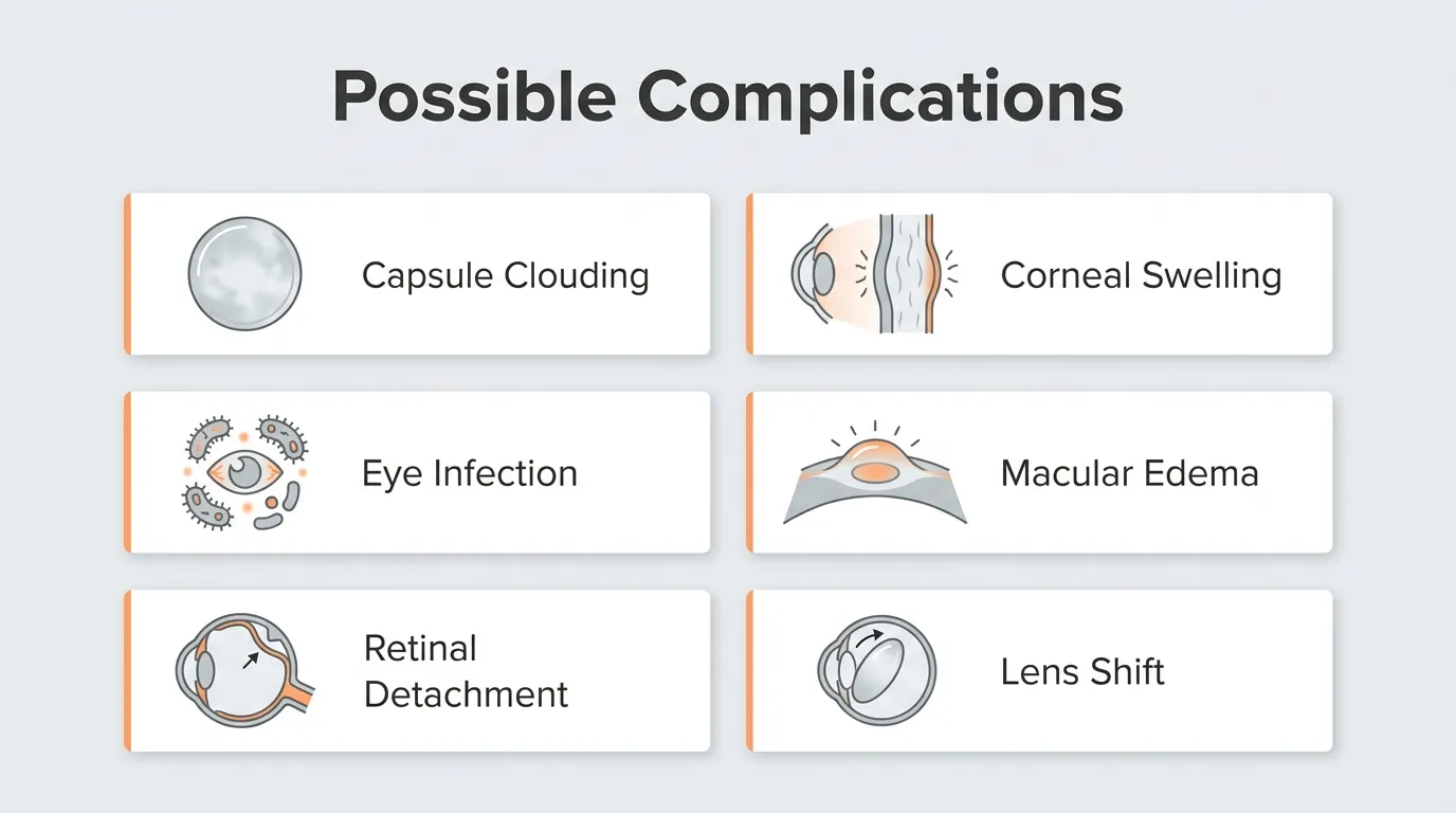 Possible complications of cataract surgery, including capsule clouding, corneal swelling, eye infection, macular edema, retinal detachment, and lens displacement.