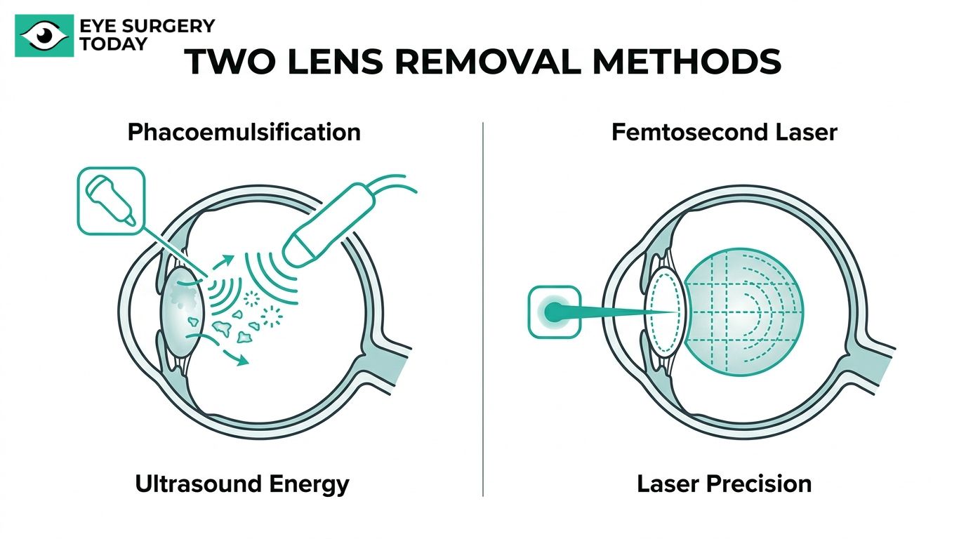 Lens removal methods graphic comparing phacoemulsification with ultrasound energy and femtosecond laser precision.