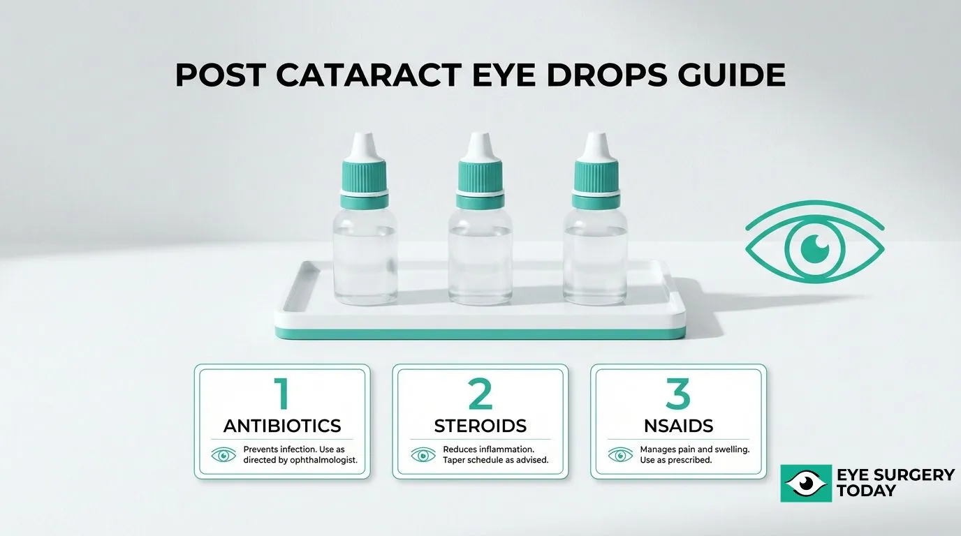 Post-cataract eye drops guide showing antibiotics to prevent infection, steroids to reduce inflammation, and NSAIDs to manage pain and swelling.