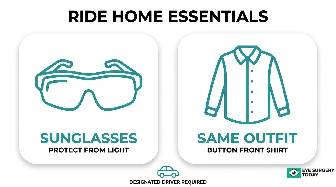 Post-cataract surgery ride home essentials including sunglasses, a button-front outfit, and a designated driver.