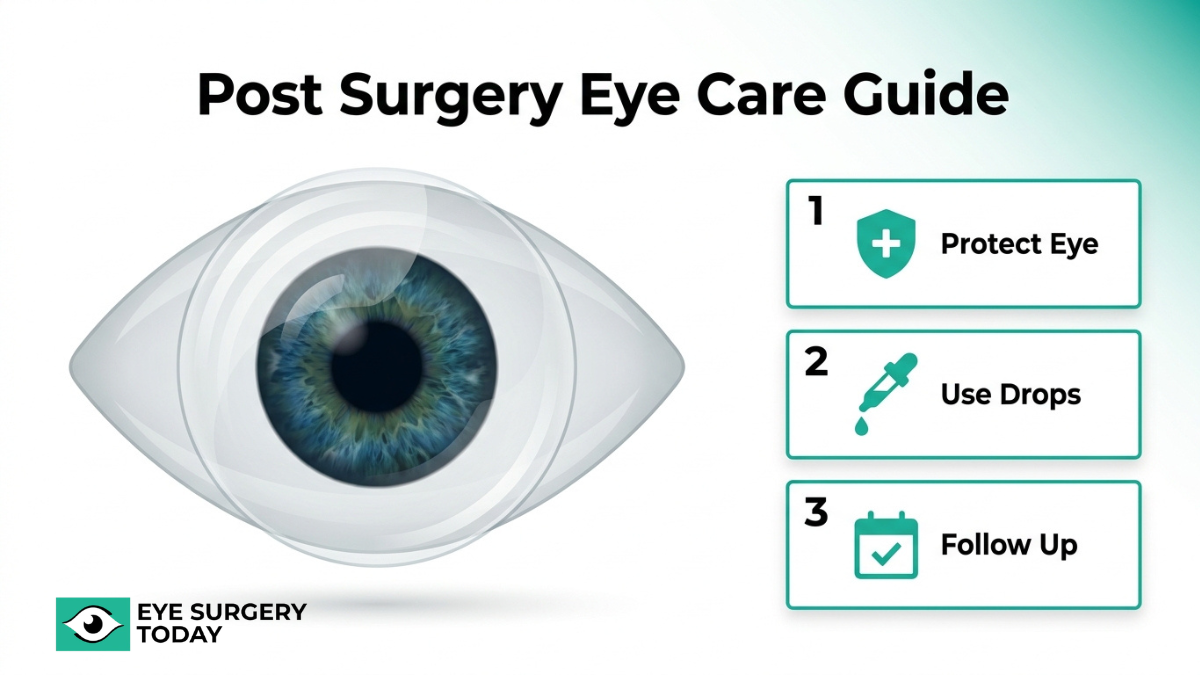 Post cataract surgery care guide showing key steps to protect the eye, use drops, and attend follow-up visits