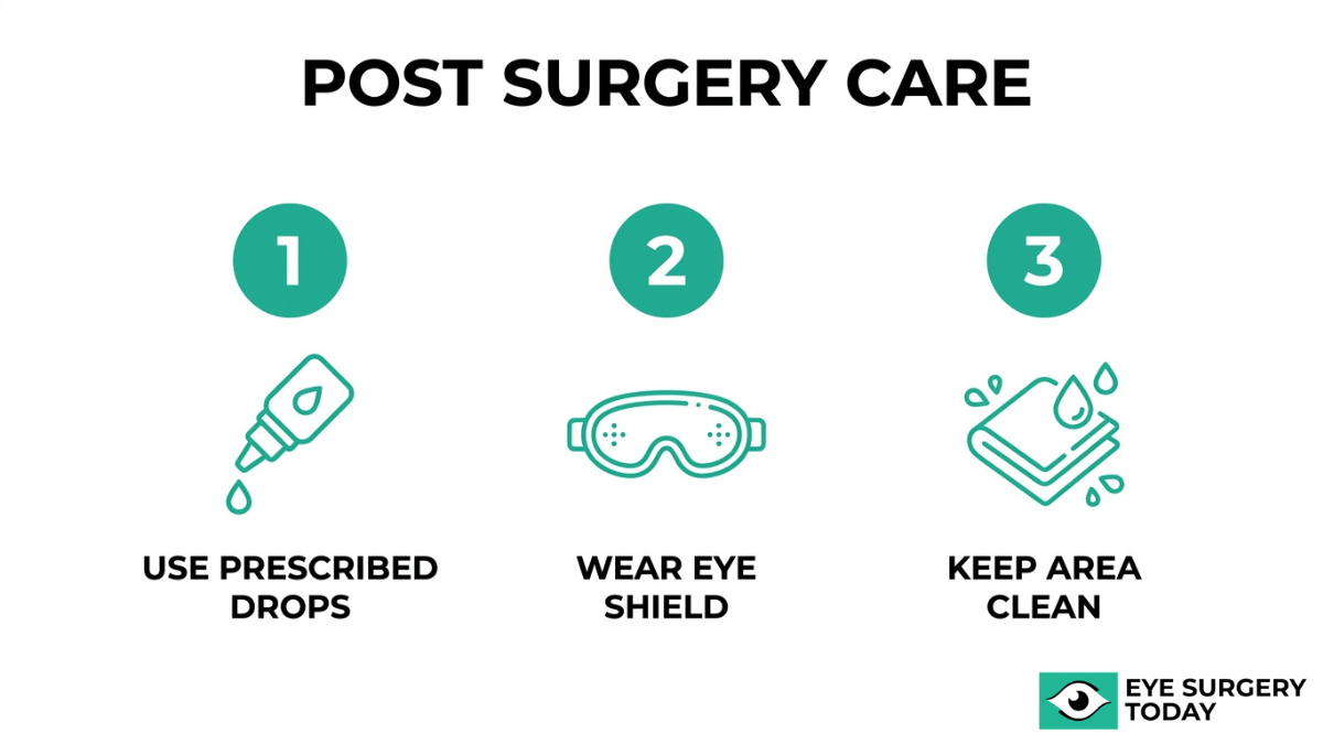 Post cataract surgery care instructions including using prescribed eye drops, wearing eye shield, and keeping the eye area clean