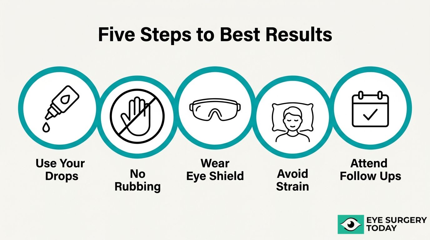 Five steps to best cataract surgery results showing eye drops, no rubbing, eye shield use, avoiding strain, and follow up visits.