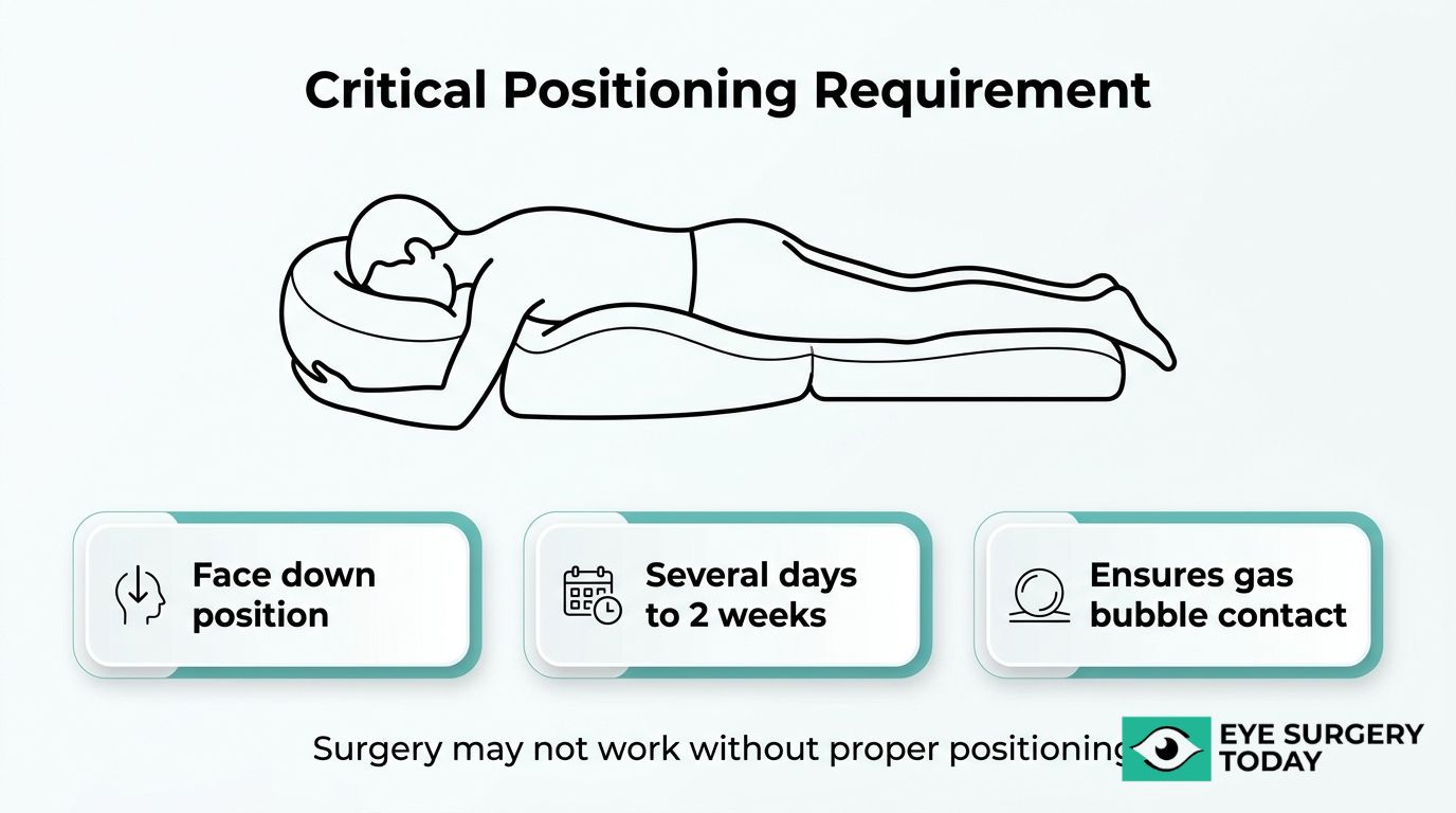 Critical positioning requirement graphic showing face down recovery position to help maintain gas bubble contact after retina surgery.