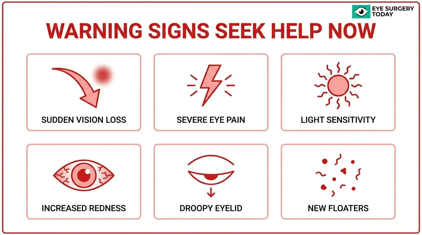 Warning signs after cataract surgery that require prompt medical attention, including sudden vision loss, severe eye pain, light sensitivity, redness, droopy eyelid, and new floaters.