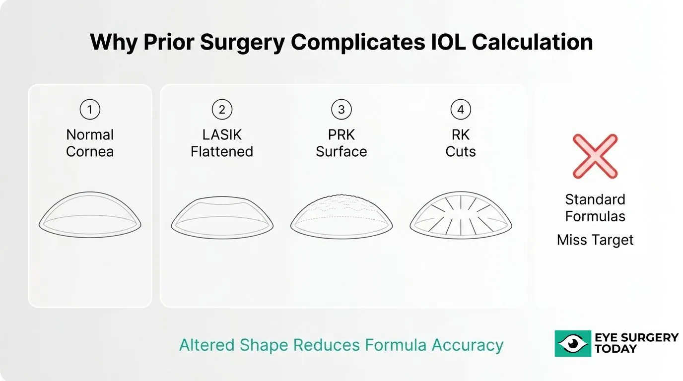 Illustration showing how prior LASIK, PRK, and RK procedures alter corneal shape and complicate IOL calculation accuracy