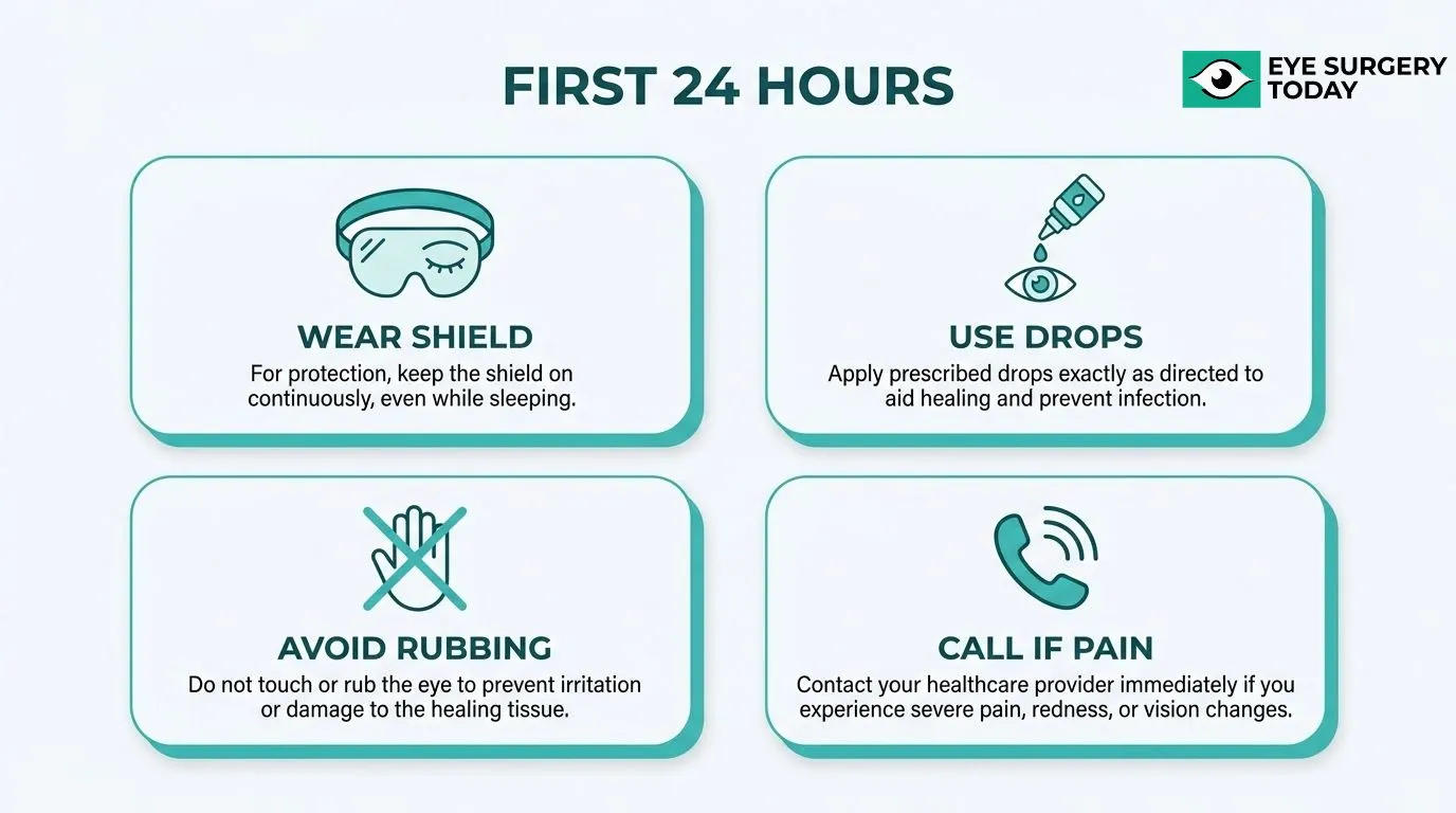 First 24 hours after cataract surgery showing eye shield use, prescribed eye drops, avoiding eye rubbing, and when to contact a healthcare provider