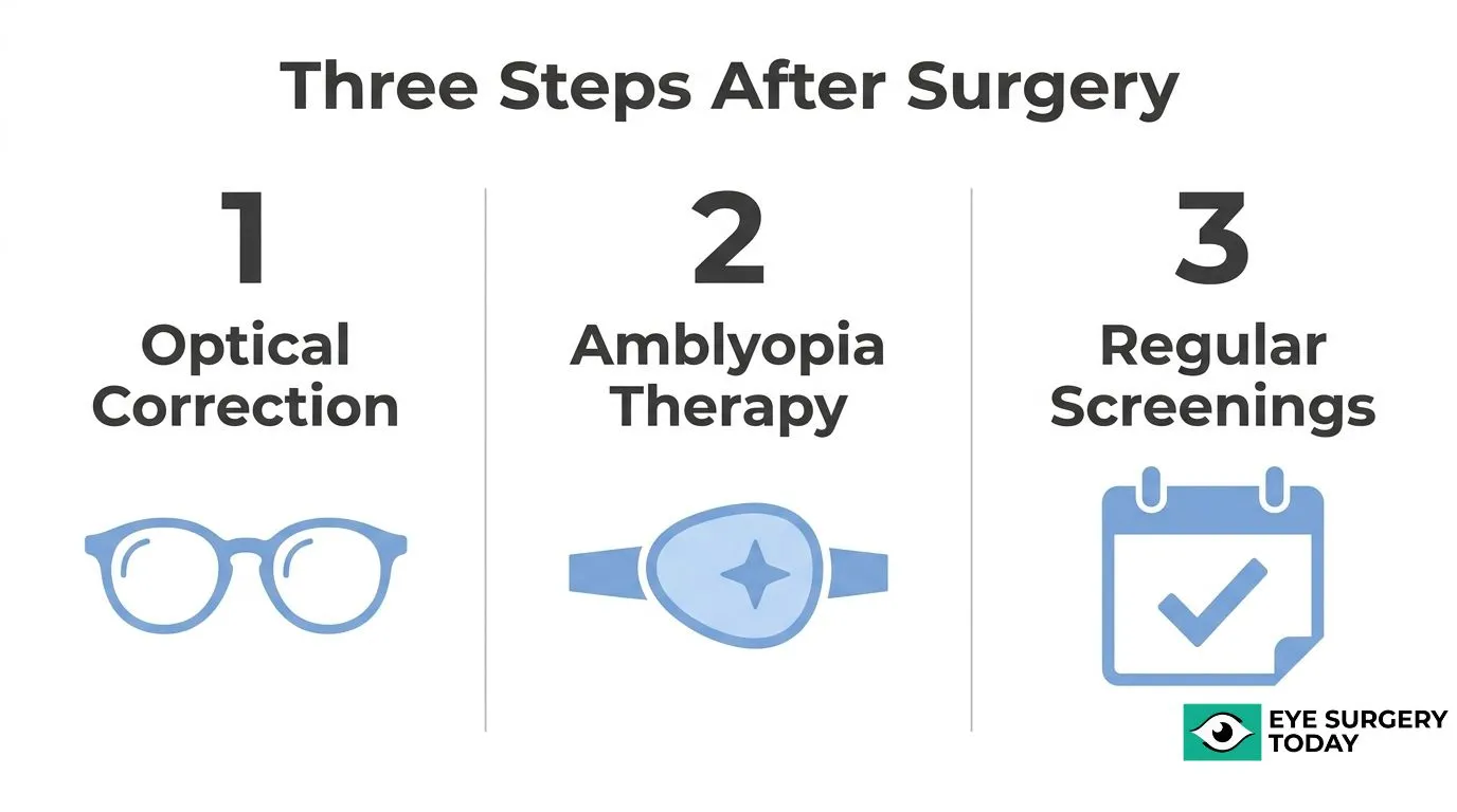 Three steps after pediatric cataract surgery: optical correction, amblyopia therapy, and regular vision screenings.