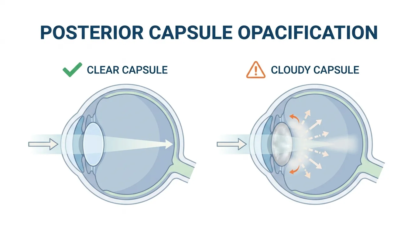Posterior capsule opacification diagram comparing a clear capsule with a cloudy capsule that scatters light and causes blurred vision.