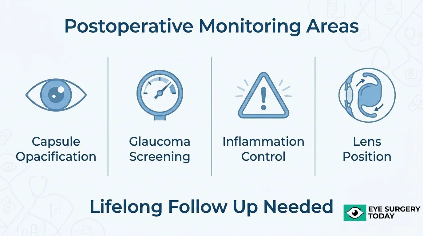 Postoperative monitoring after pediatric IOL surgery, including capsule opacification, glaucoma screening, inflammation control, and lens position.