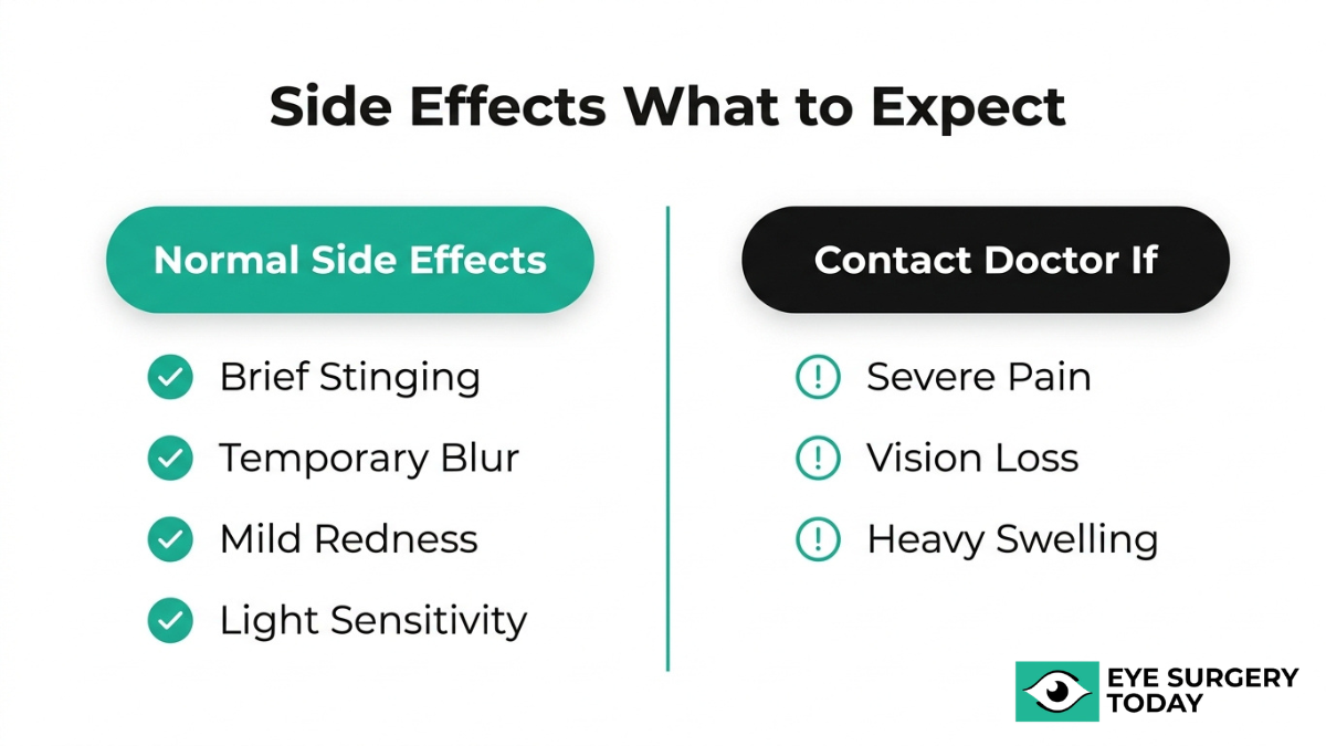Common side effects of eye drops after cataract surgery including mild stinging, blurred vision, redness, and when to contact a doctor