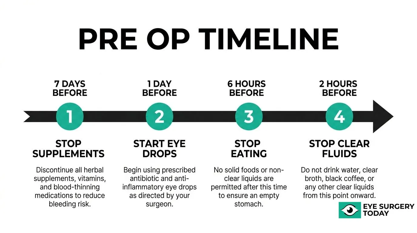 Cataract surgery pre-op timeline showing when to stop supplements, start eye drops, stop eating, and stop clear fluids.