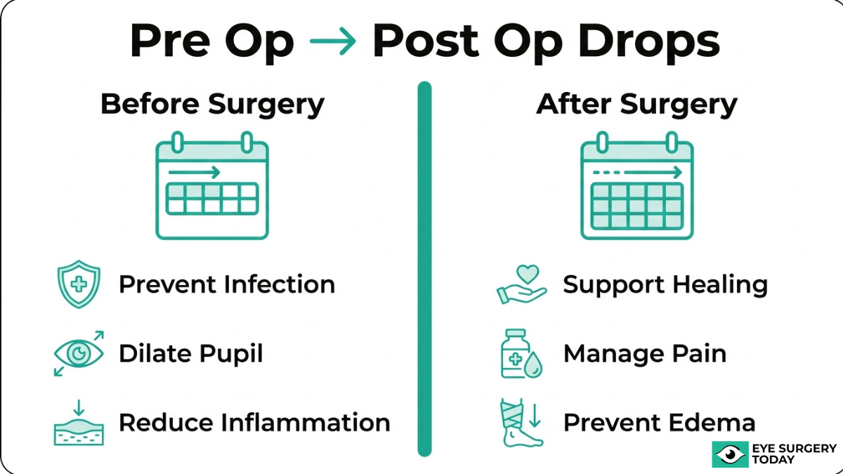 Pre and post operative eye drops for cataract surgery showing infection prevention before surgery and healing support after surgery