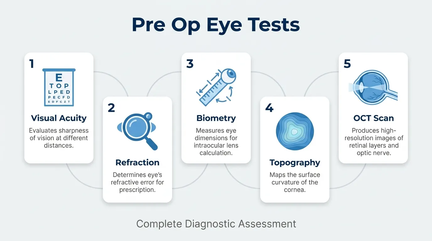 Pre-operative eye surgery tests including visual acuity, refraction, biometry, corneal topography, and OCT imaging.