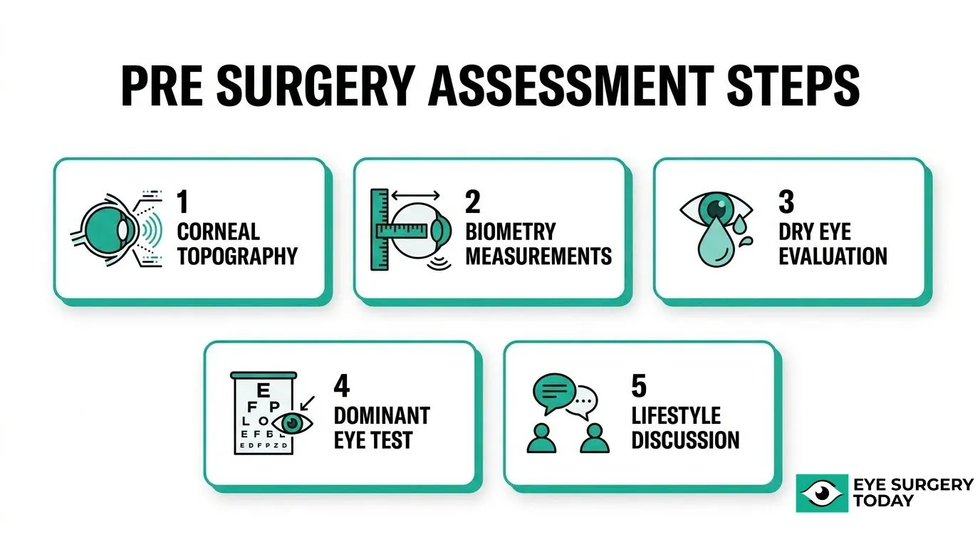 Pre-surgery assessment checklist for monovision and multifocal lenses including corneal topography, biometry, dry eye evaluation, dominant eye testing, and lifestyle discussion
