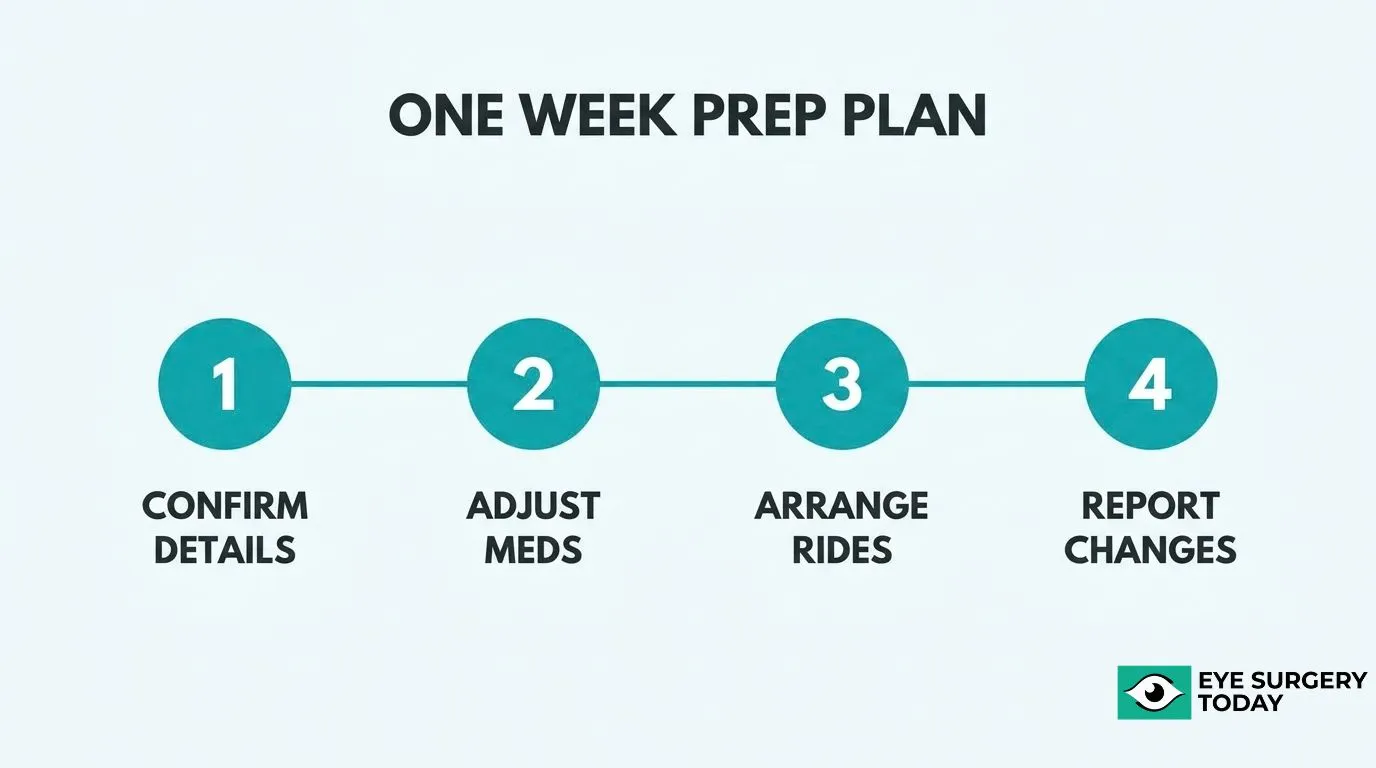 One-week cataract surgery preparation plan covering confirmation of details, medication adjustments, transportation arrangements, and reporting changes