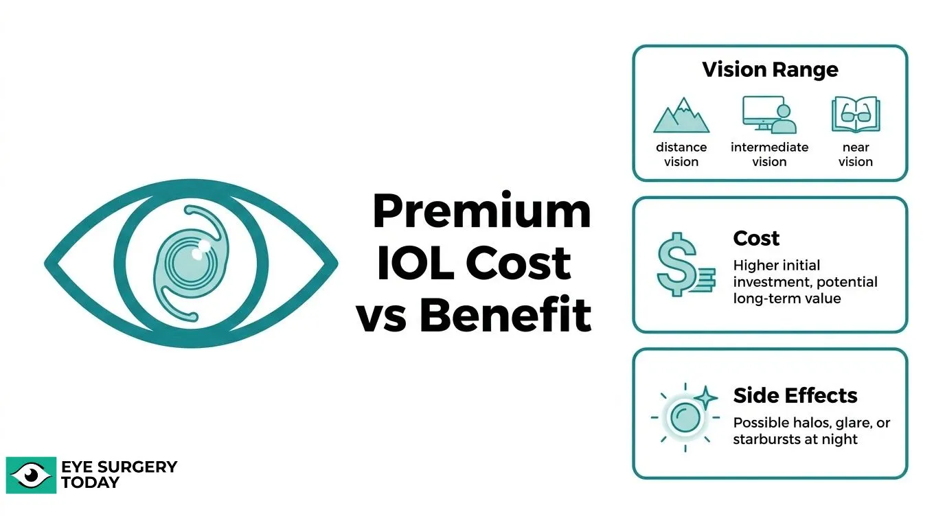 Premium IOL cost versus benefit comparison covering distance, intermediate and near vision, higher initial cost, and possible halos, glare, or starbursts
