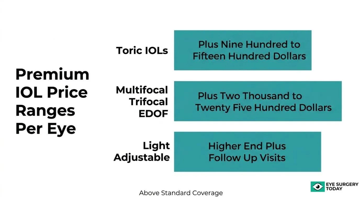 Premium IOL price ranges per eye comparing toric, multifocal, trifocal, EDOF, and light-adjustable lens options above standard coverage