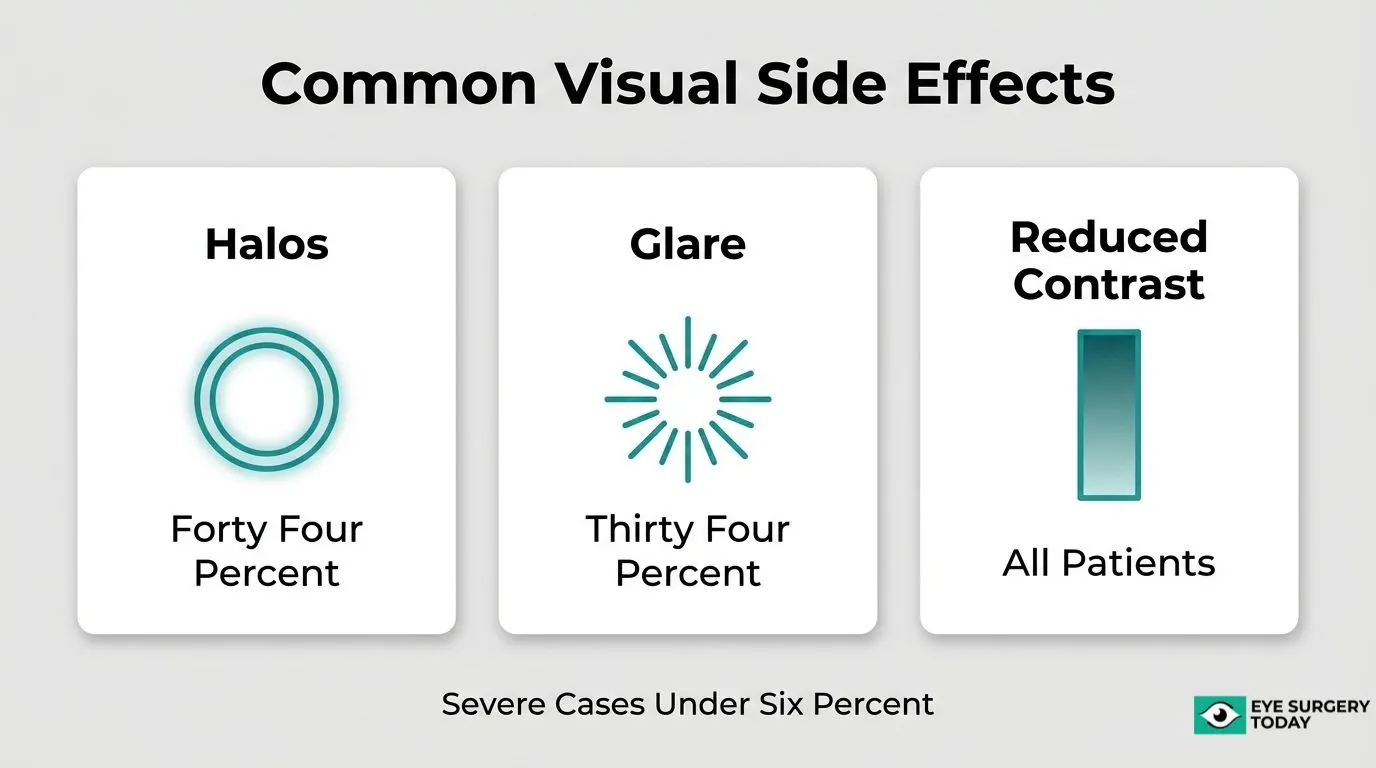 Common visual side effects of premium IOLs, including halos, glare, and reduced contrast, with severe cases reported as uncommon