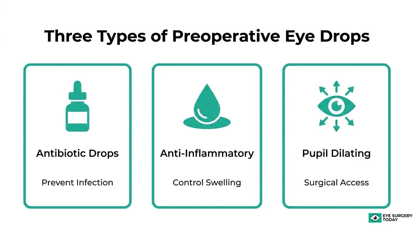 Three types of preoperative cataract eye drops: antibiotic drops to prevent infection, anti-inflammatory drops to control swelling, and pupil-dilating drops for surgical access