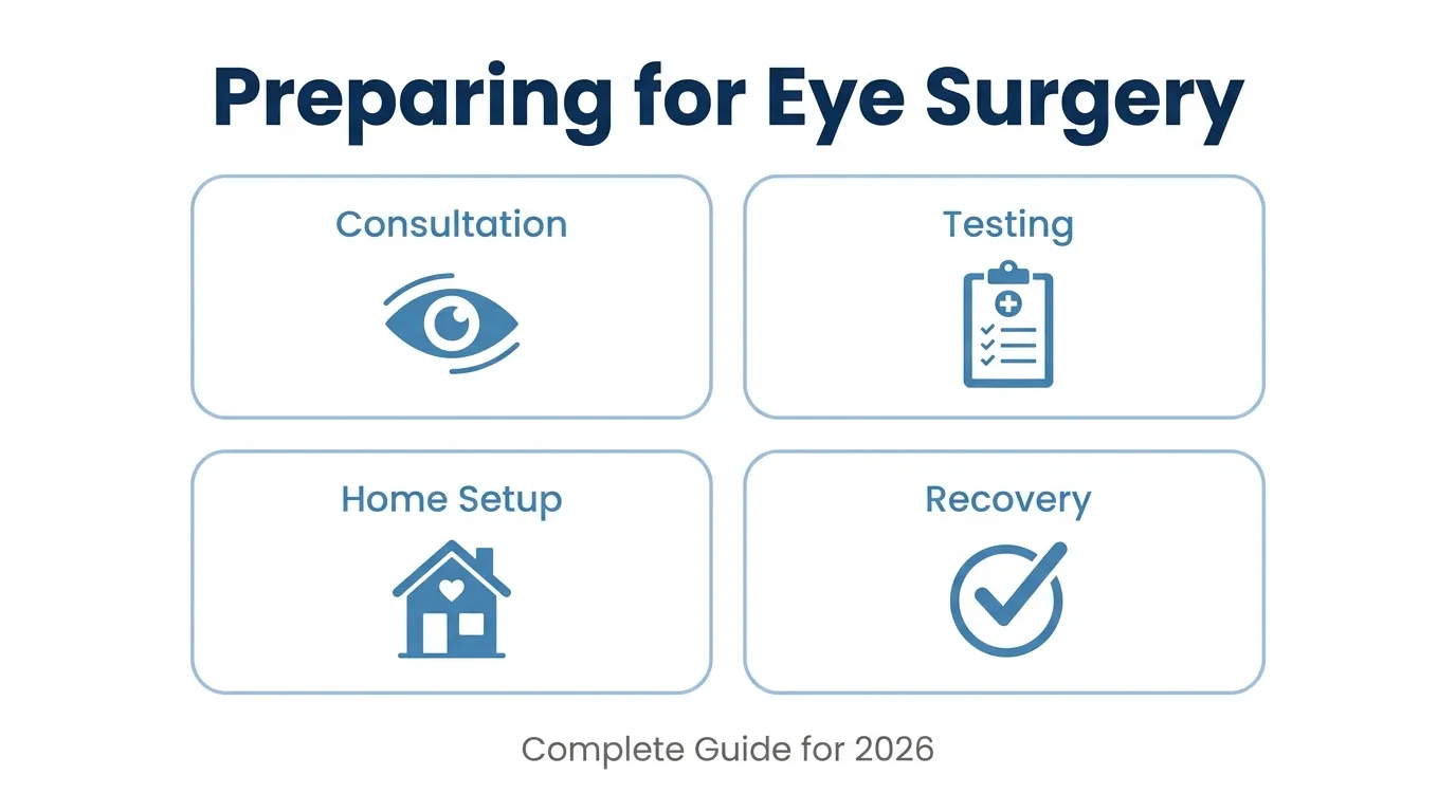 Preparing for eye surgery guide covering consultation, diagnostic testing, home setup, and recovery planning.