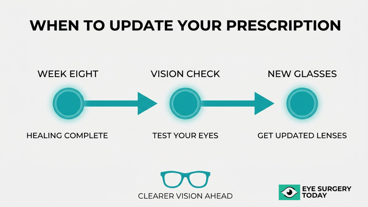 Timeline for updating glasses prescription after cataract surgery including week eight vision check and new lenses