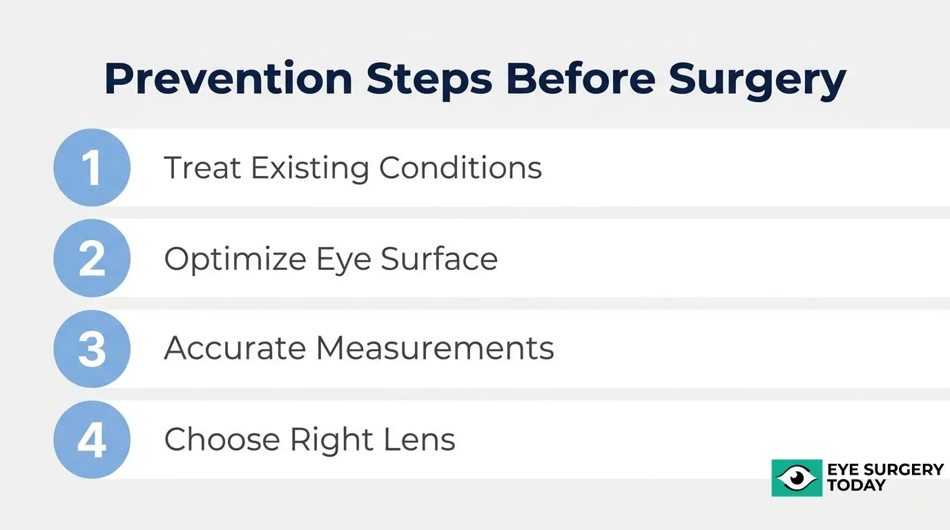 Steps to help prevent poor cataract surgery outcomes, including treating existing conditions, optimizing the eye surface, taking accurate measurements, and choosing the right lens.