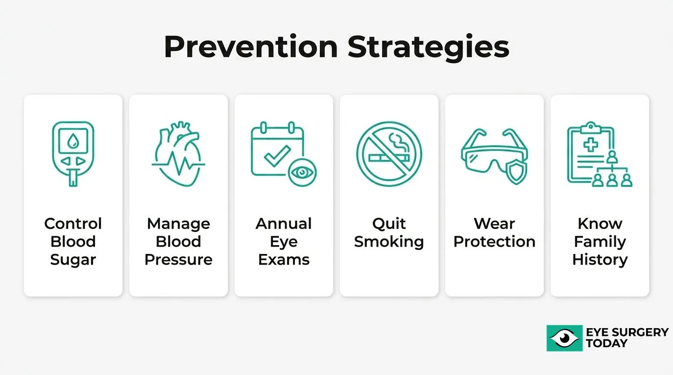 Prevention strategies for sudden vision changes, including controlling blood sugar, managing blood pressure, getting annual eye exams, quitting smoking, wearing eye protection, and knowing family history