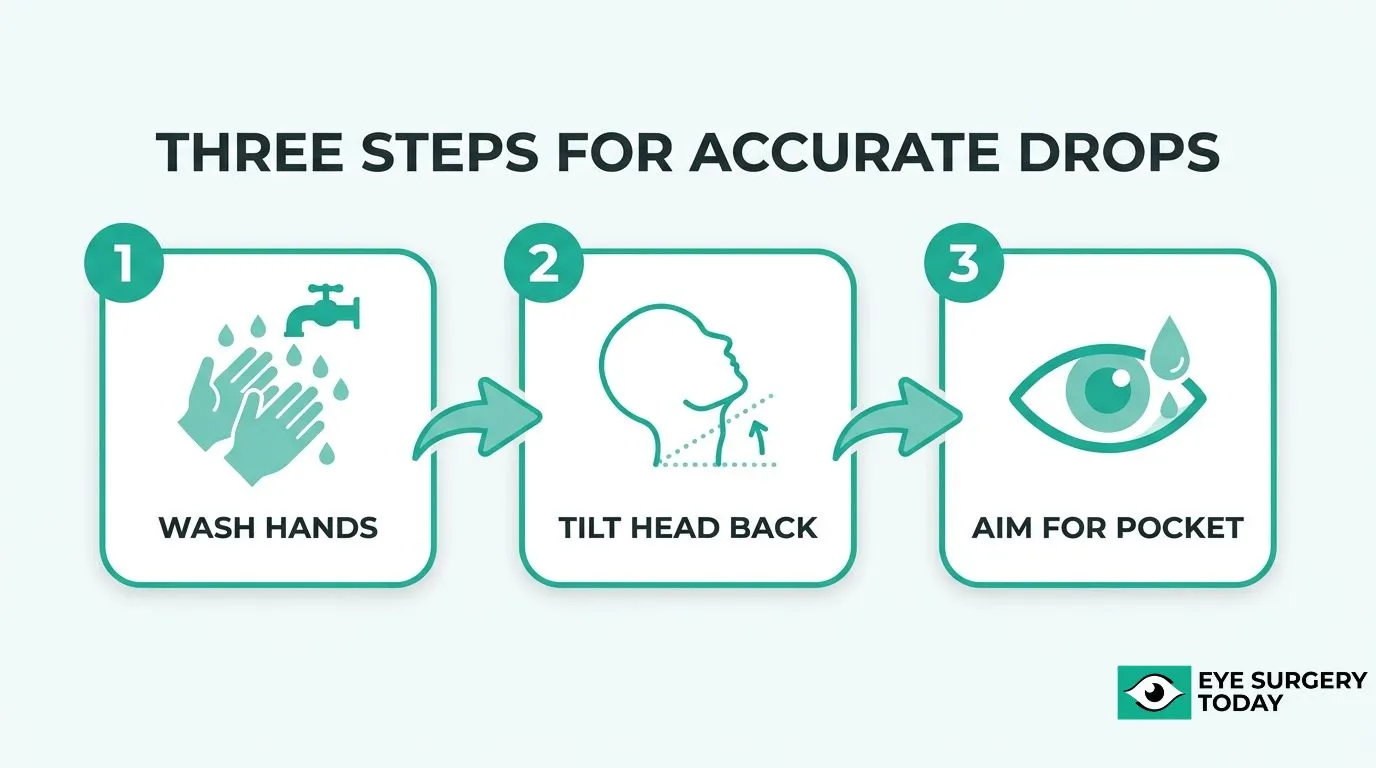 Three steps for proper eye drop administration: wash hands, tilt the head back, and place the drop into the lower eyelid pocket.