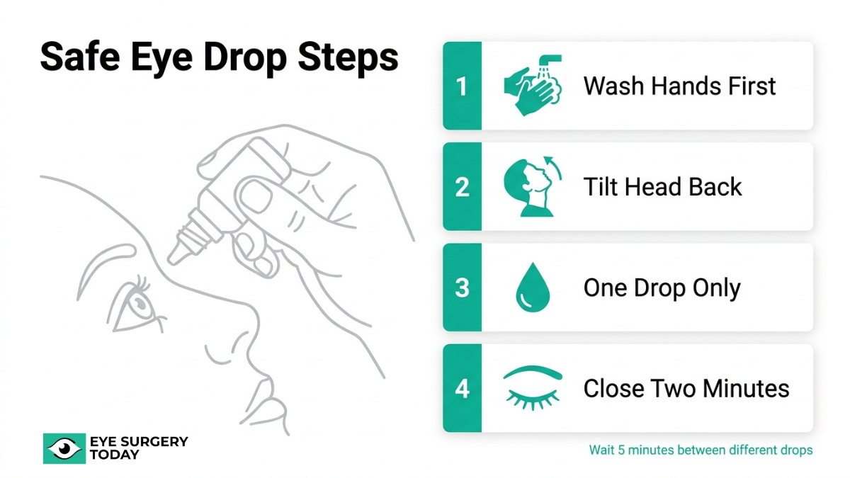 Step-by-step guide to safely applying eye drops after cataract surgery including hand washing and proper technique