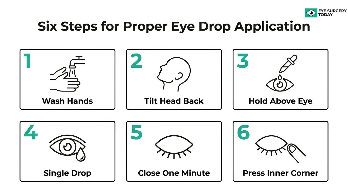 Six steps for proper eye drop application: wash hands, tilt head back, hold dropper above eye, apply one drop, close eye for one minute, and press the inner corner
