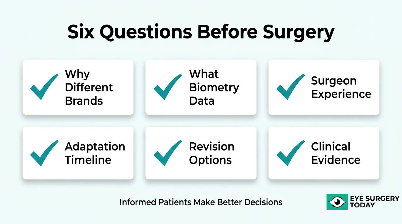 Six questions to ask a cataract surgeon before mixing IOL brands, including biometry data, surgeon experience, adaptation, revision options, and clinical evidence