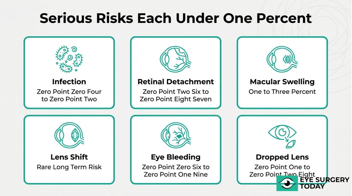 Serious cataract surgery risks graphic showing infection, retinal detachment, macular swelling, lens shift, eye bleeding, and dropped lens.