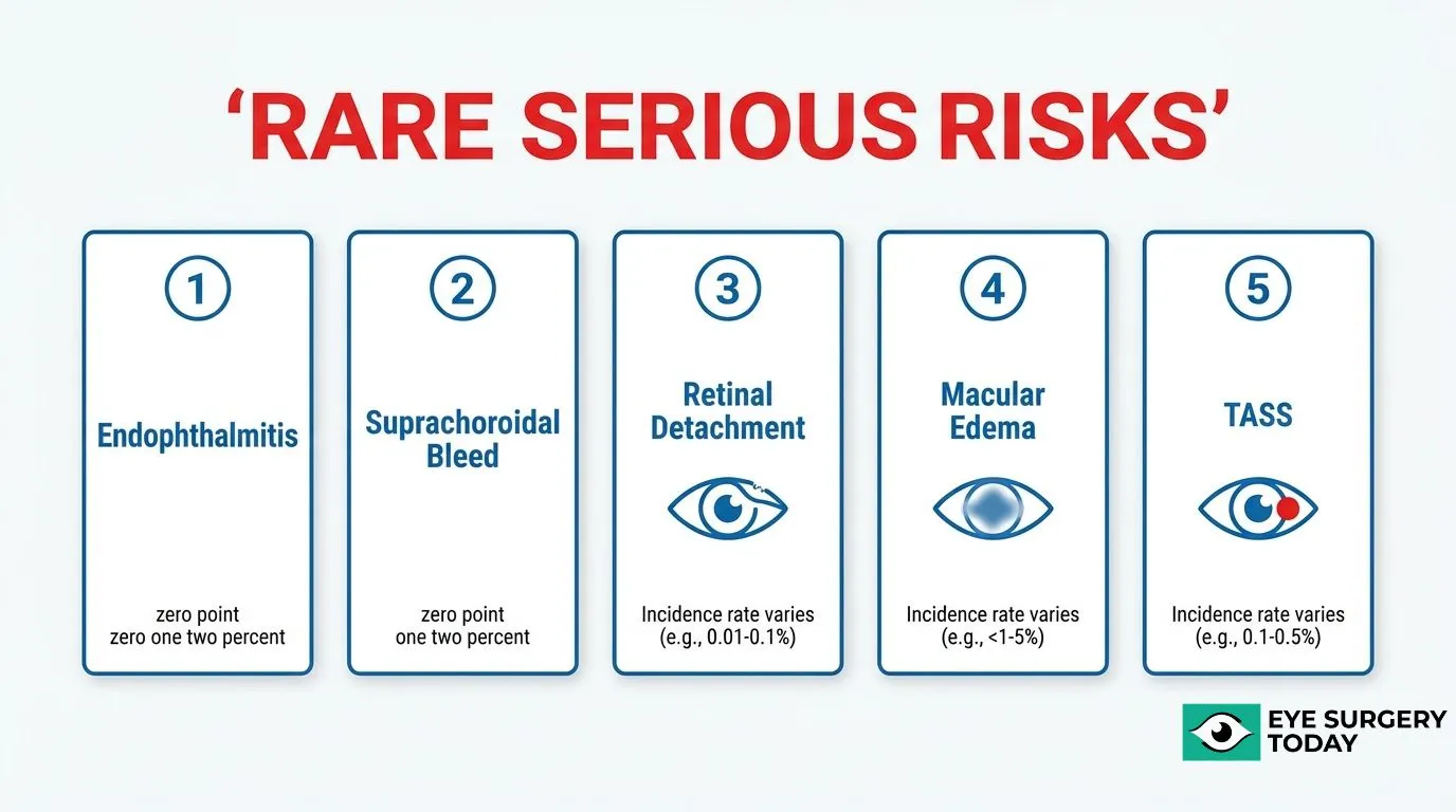 Rare serious cataract surgery risks including endophthalmitis, suprachoroidal hemorrhage, retinal detachment, macular edema, and toxic anterior segment syndrome.