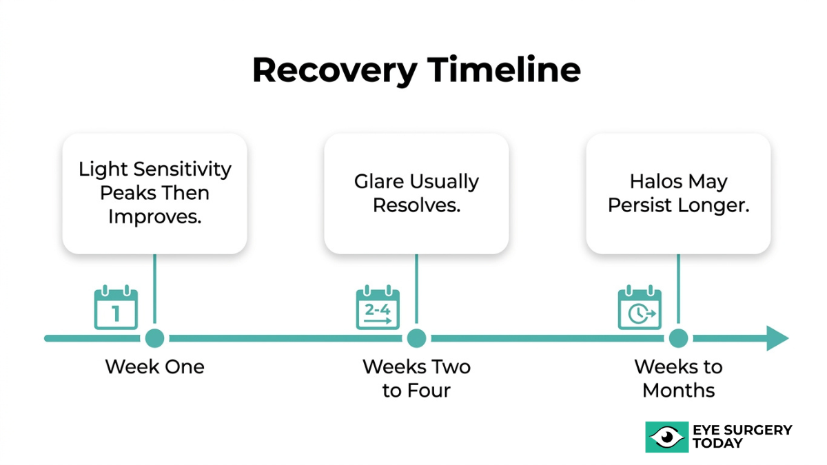Cataract surgery recovery timeline showing light sensitivity peak in week one, improvement by weeks two to four, and halos lasting months