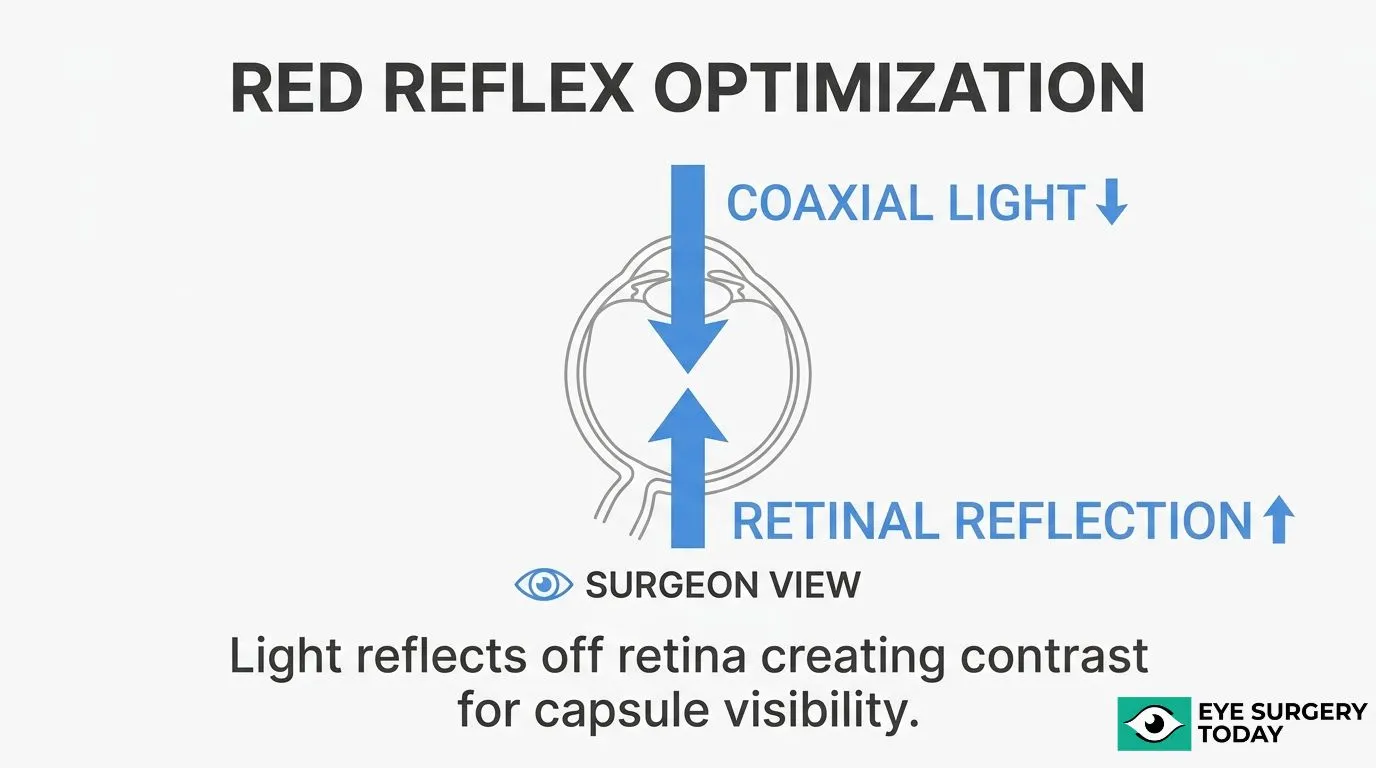 Red reflex optimization in cataract surgery using coaxial light and retinal reflection to improve contrast and capsule visibility.