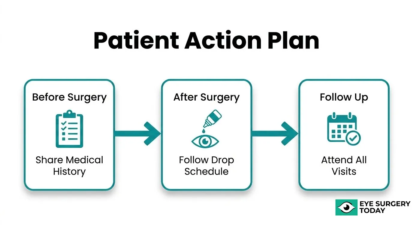 Patient action plan showing cataract surgery preparation, post-surgery eye drop schedule, and follow-up visit timeline