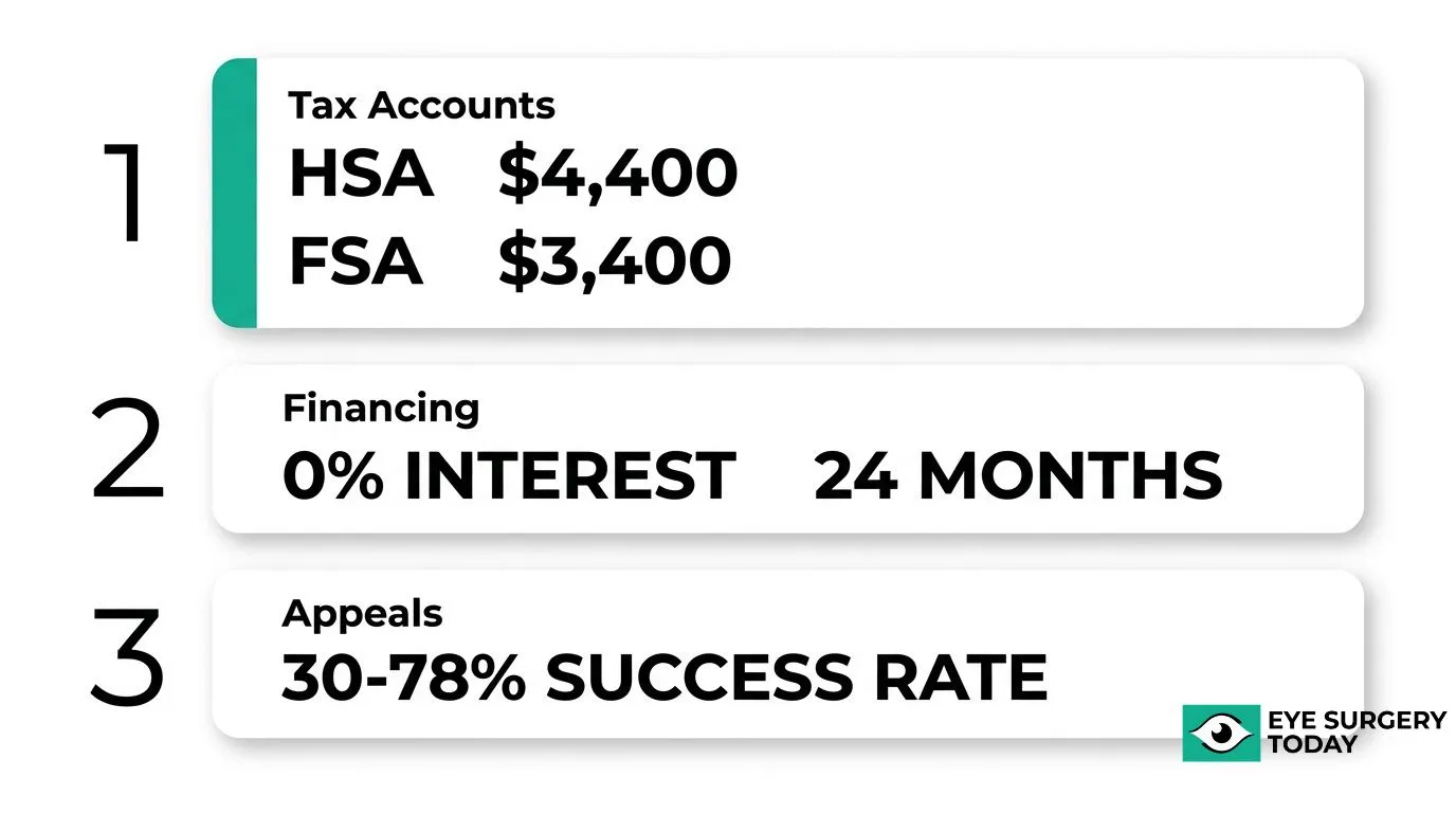 Ways to reduce eye surgery costs using HSA or FSA funds, financing options, and insurance appeals.