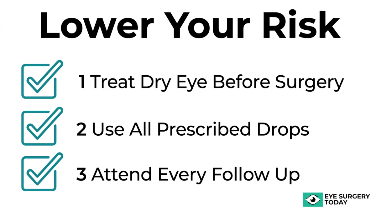 How to reduce complications after cataract surgery by treating dry eye, using prescribed drops, and attending follow-up visits