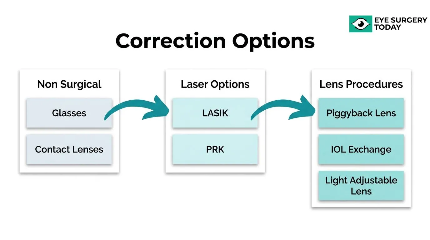 Correction options for refractive errors including glasses, contact lenses, LASIK, PRK, piggyback lenses, IOL exchange, and light adjustable lenses.