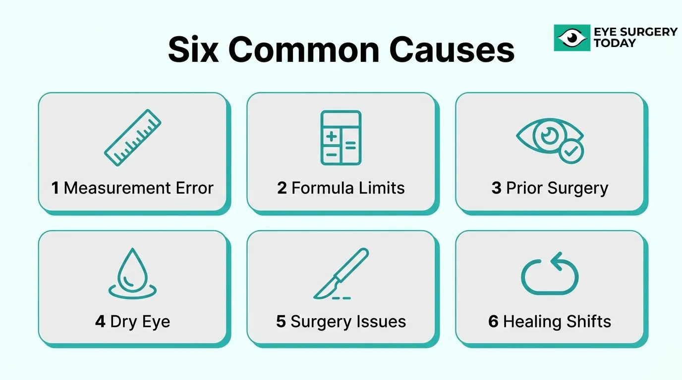Six common causes of refractive miss after cataract surgery including measurement errors, formula limits, prior surgery, dry eye, surgical issues, and healing shifts.
