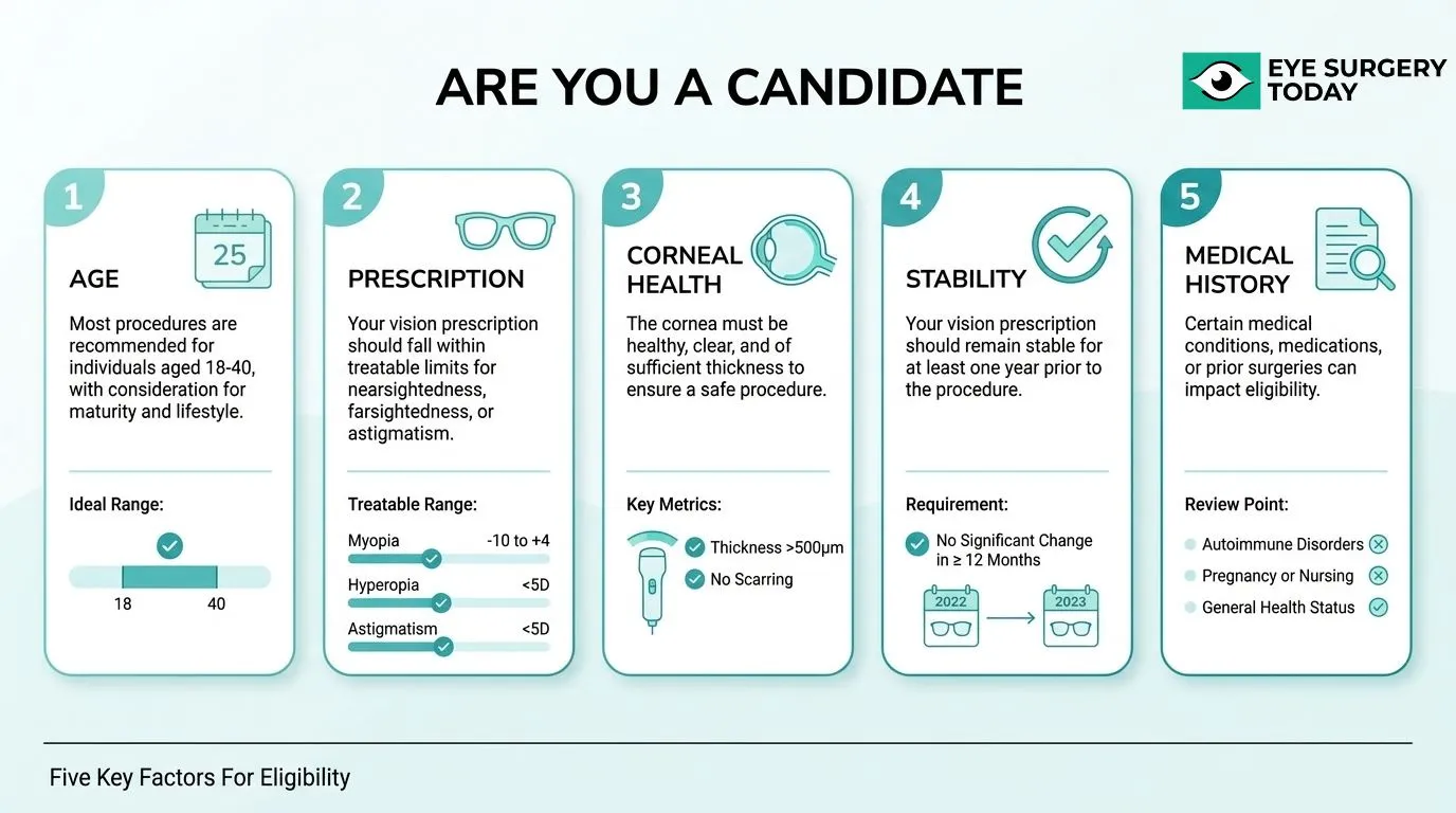 Refractive surgery candidacy checklist showing age, prescription, corneal health, vision stability, and medical history requirements.