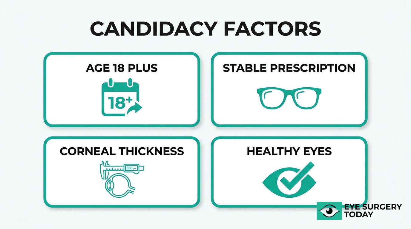 Refractive surgery candidacy factors graphic showing age 18 plus, stable prescription, corneal thickness, and healthy eyes.